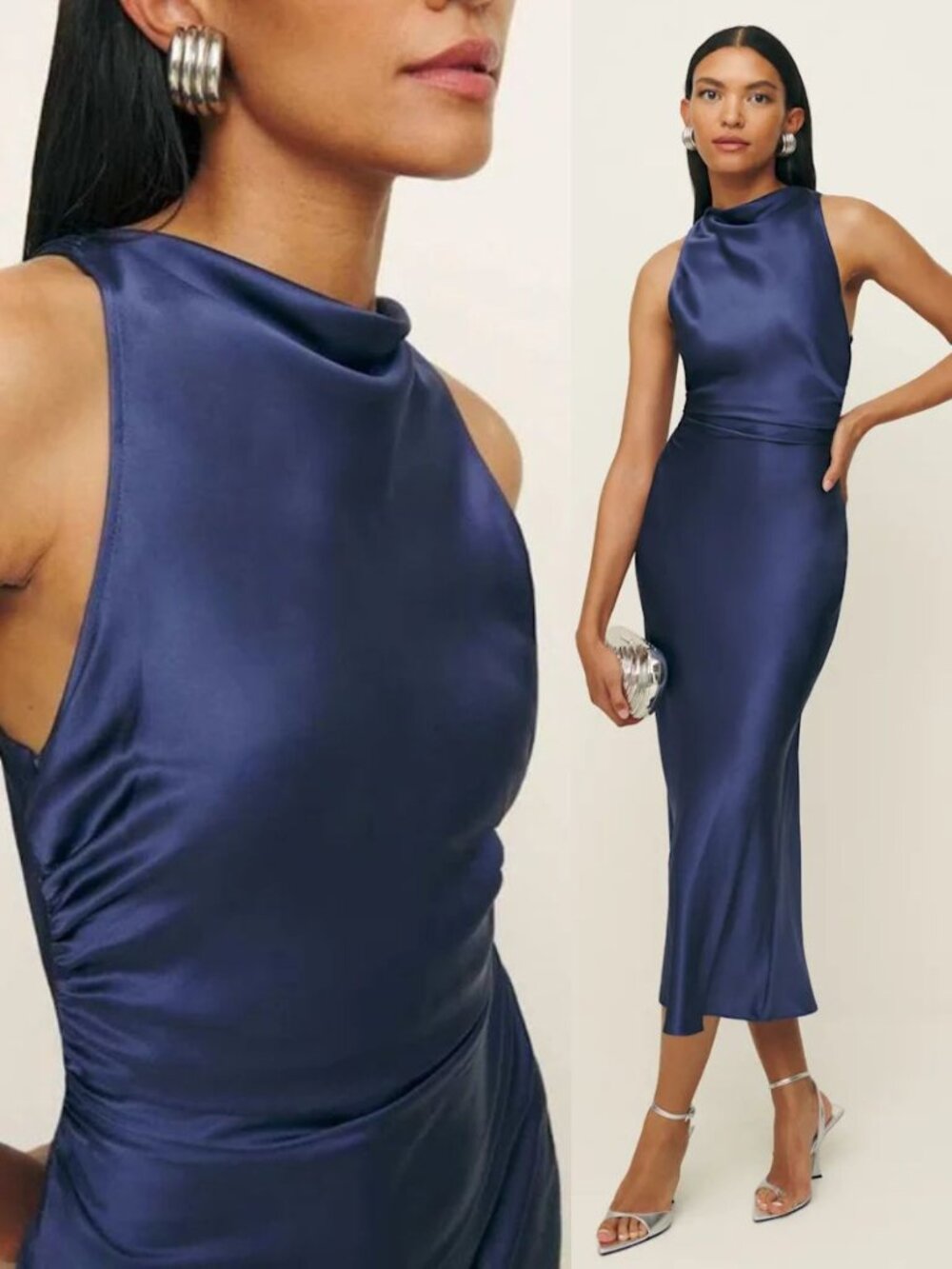 Reformation Casette Dress Iris Navy Blue Silk Open Back Midi Size 0 - Picture 9 of 9